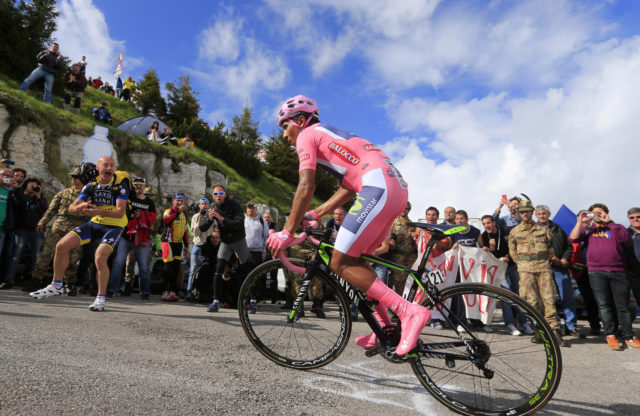 Colombian Nairo Quintana competes during the uphill time trial in the 19th stage of the 97th Giro d'Italia, Tour of Italy, cycling race from Bassano del Grappa to Cima Grappa on May 30, 2014 in Cima Grappa (Crespano del Grappa) . AFP PHOTO/LUK BENIES        (Photo credit should read LUK BENIES/AFP/Getty Images)