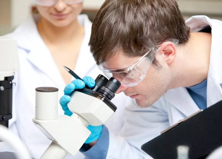 Caucasian male scientist holding pen and clipboard looking throu - Liveuniversity