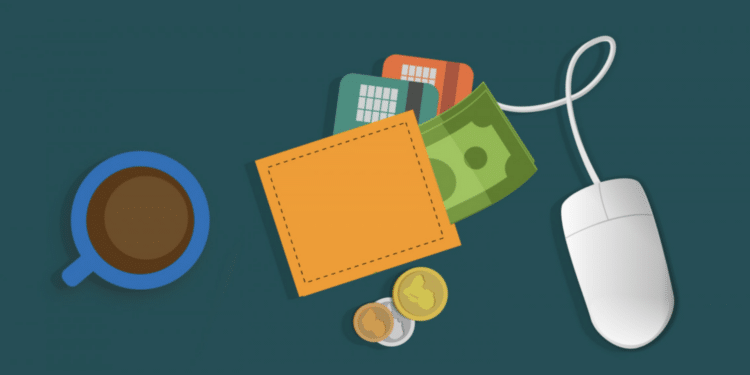mouse portafoglio con soldi e tazza di caffè