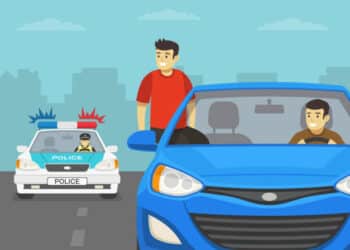 European traffic police officer pulls over a blue car on a city road. Police car chasing young guys. Young male driver looking at rear mirror. Flat vector illustration template.