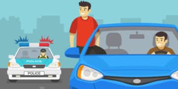 European traffic police officer pulls over a blue car on a city road. Police car chasing young guys. Young male driver looking at rear mirror. Flat vector illustration template.