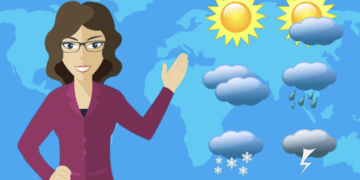 metereologo che mostra il meteo