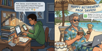 studente universitario che fa gli auguri a professore in vacanza