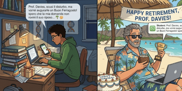 studente universitario che fa gli auguri a professore in vacanza