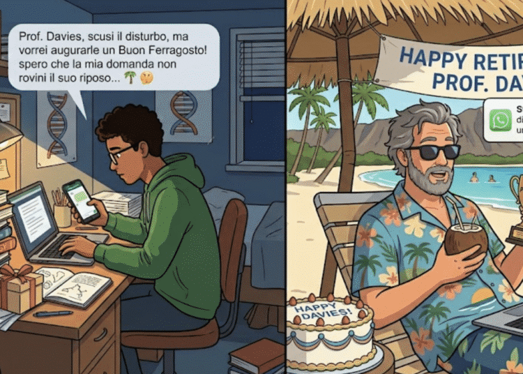 studente universitario che fa gli auguri a professore in vacanza
