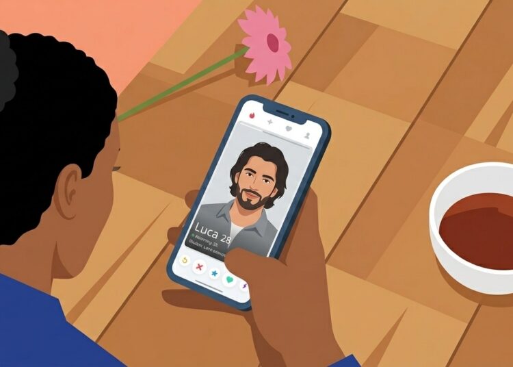 Giovane che scorre un'app di incontri sullo smartphone in un contesto quotidiano