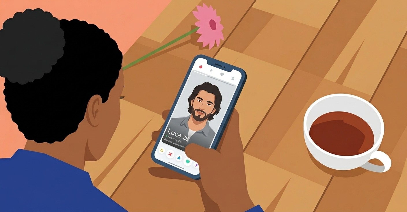 Giovane che scorre un'app di incontri sullo smartphone in un contesto quotidiano