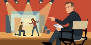 Regista teatrale durante le prove di uno spettacolo con gli attori sul palcoscenico