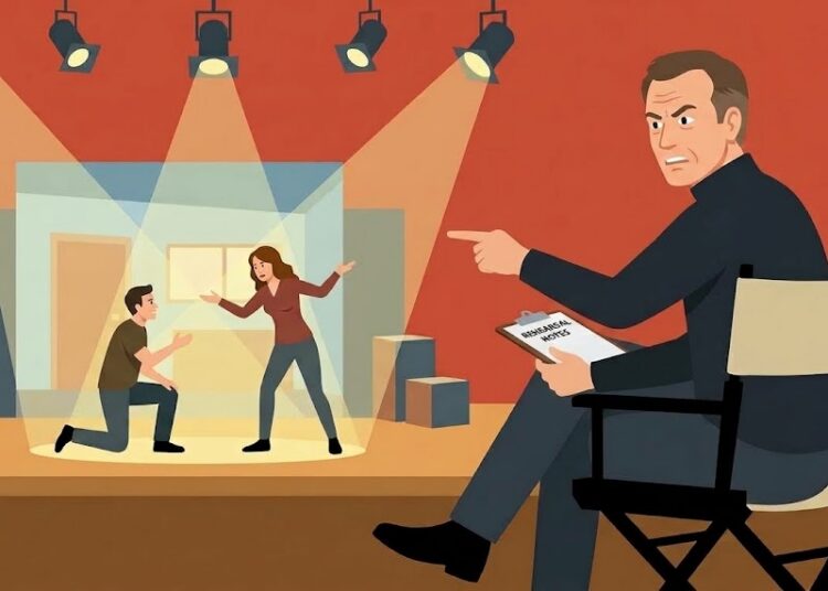 Regista teatrale durante le prove di uno spettacolo con gli attori sul palcoscenico