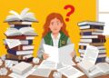 studentessa sommersa in una montagna di libri che deve fare la tesi di laurea