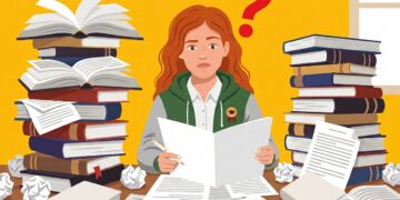 studentessa sommersa in una montagna di libri che deve fare la tesi di laurea