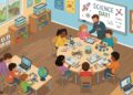 Insegnante di sostegno e assistente all'autonomia e alla comunicazione in una classe scolastica inclusiva.