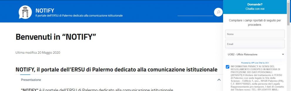 screenshot del portale Notify dell'ersu di Palermo
