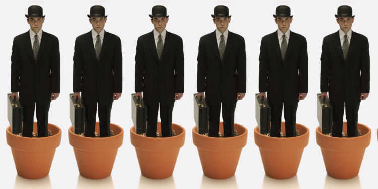 corbis mascheroni cloned businessmen growing from flower pots