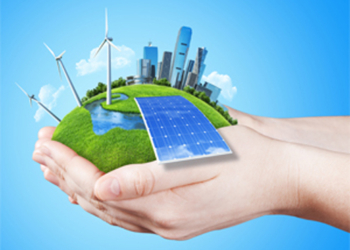 Hands holding clear green meadow with sun battery block, wind mill turbines and city skyscrapers. Concept for ecology, growing business, freshness, freedom and other lifestyle issues. Green fields collection.