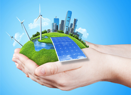 hands holding clear green meadow with sun battery block wind mill turbines and city skyscrapers concept for ecology growing business freshness freedom and other lifestyle issues green fields collection