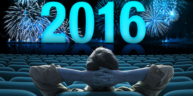 2016 new year fireworks on big cinema screen