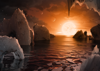 Questa figura mostra la possibile superficie TRAPPIST-1F, uno dei pianeti appena scoperti nel sistema TRAPPIST-1. Gli scienziati utilizzando il telescopio spaziale Spitzer e telescopi terrestri hanno scoperto che ci sono sette pianeti simili alla Terra nel sistema.