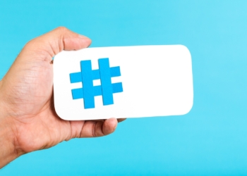 Mobile hashtag horizontal concept on blue background