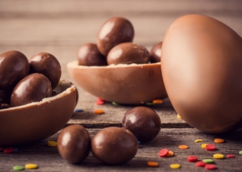 Chocolate Easter Eggs Over Wooden Background