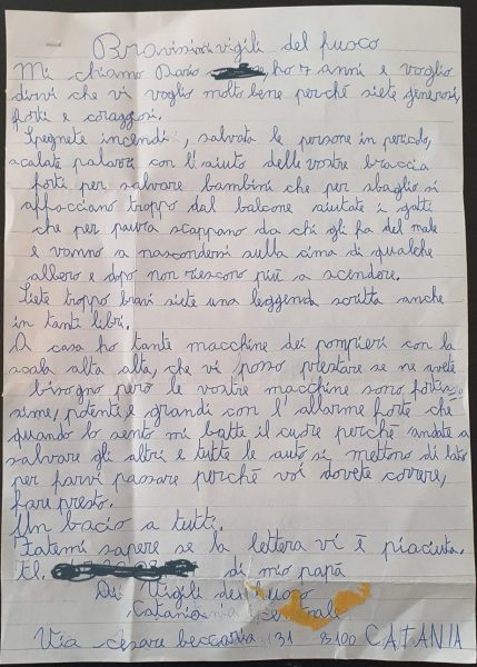Lettera scritta da un ragazzino ai vigili del fuoco di Catania
