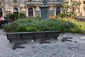 Panchina distrutta in piazza università a Catania