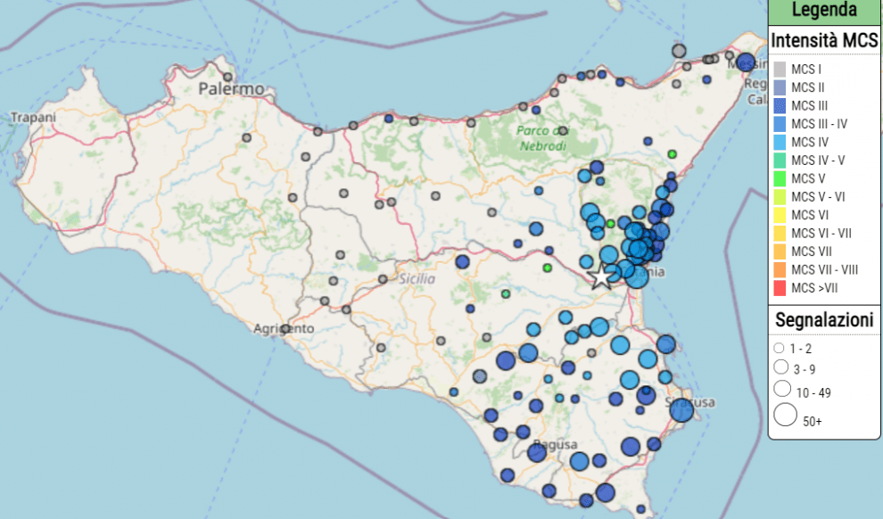 Mappa INGV con comuni siciliani che hanno avvertito il terremoto del 23 dicembre