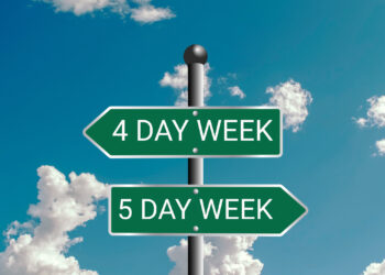 Five-day or Four-day workweek - Traffic sign with text - 4-day or 5-day work week ( 2-day or 3-day weekend ). Employees, employment, holiday, Question of productivity and efficiency