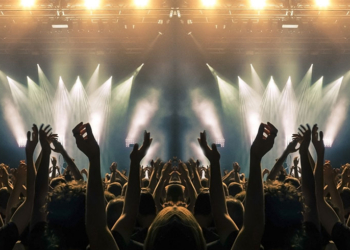 Concert stage, people are visible waving and clapping, silhouettes are visible