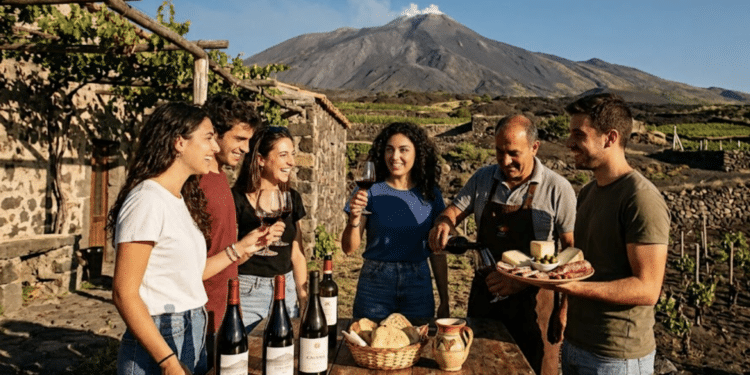 Ragazzi che fanno tour enogastronomico sull'etna. Immagine creata con IA