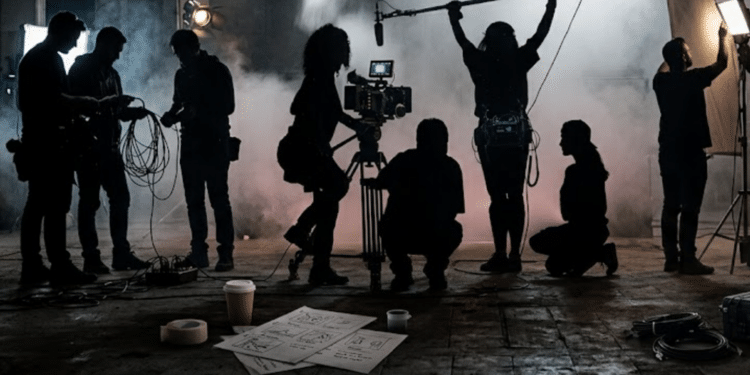 In foto dei ragazzi che si preparano a delle riprese cinematografiche