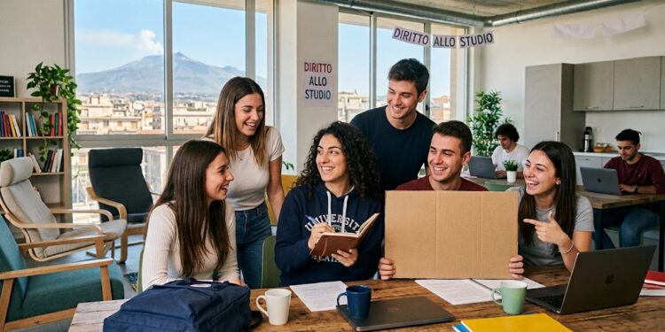 in foto studenti felici nel leggere che sono stati selezionare per avere un posto letto nelle residenze universitarie