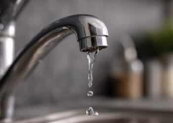 Close-up of a dripping chrome kitchen faucet with falling water drop in a sink, illustrating water waste and conservation issues