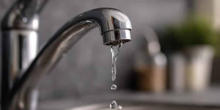 Close-up of a dripping chrome kitchen faucet with falling water drop in a sink, illustrating water waste and conservation issues