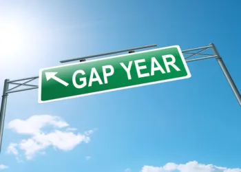 Illustration depicting a roadsign with a gap year concept. Blue sky background.